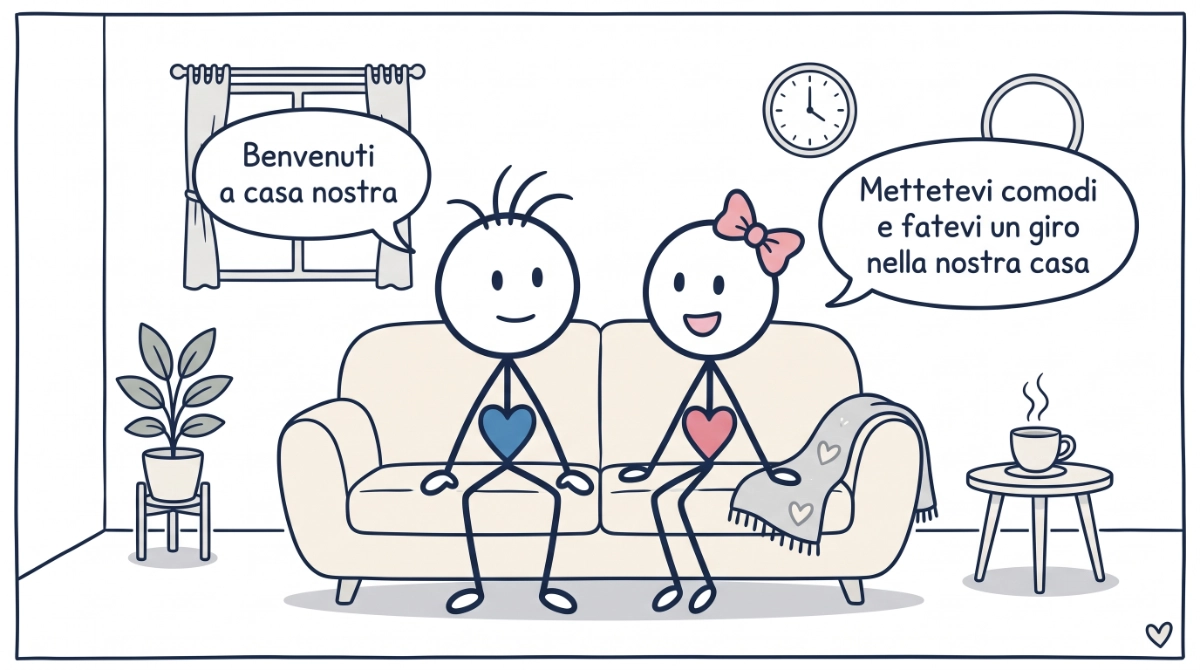 Vignetta di Tizio & Tizia che danno il benvenuto nella loro casa.