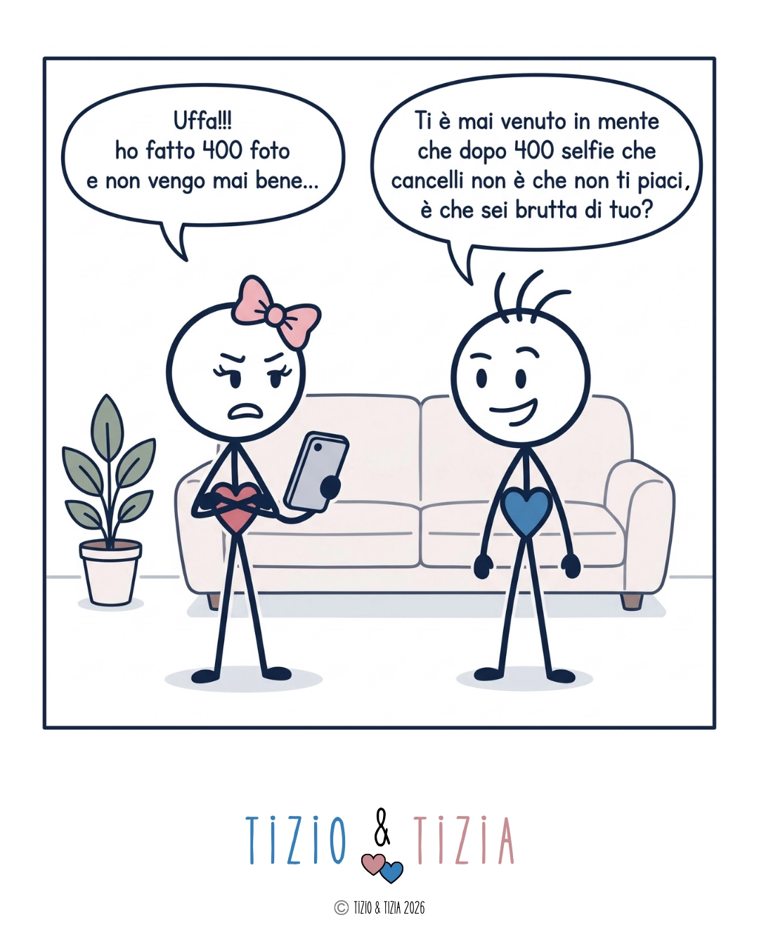 Vignetta di Tizio e Tizia "400 sfumature di bruttezza": lei si lamenta di aver scattato 400 foto senza venire mai bene, lui le fa notare che forse il problema non sono le foto